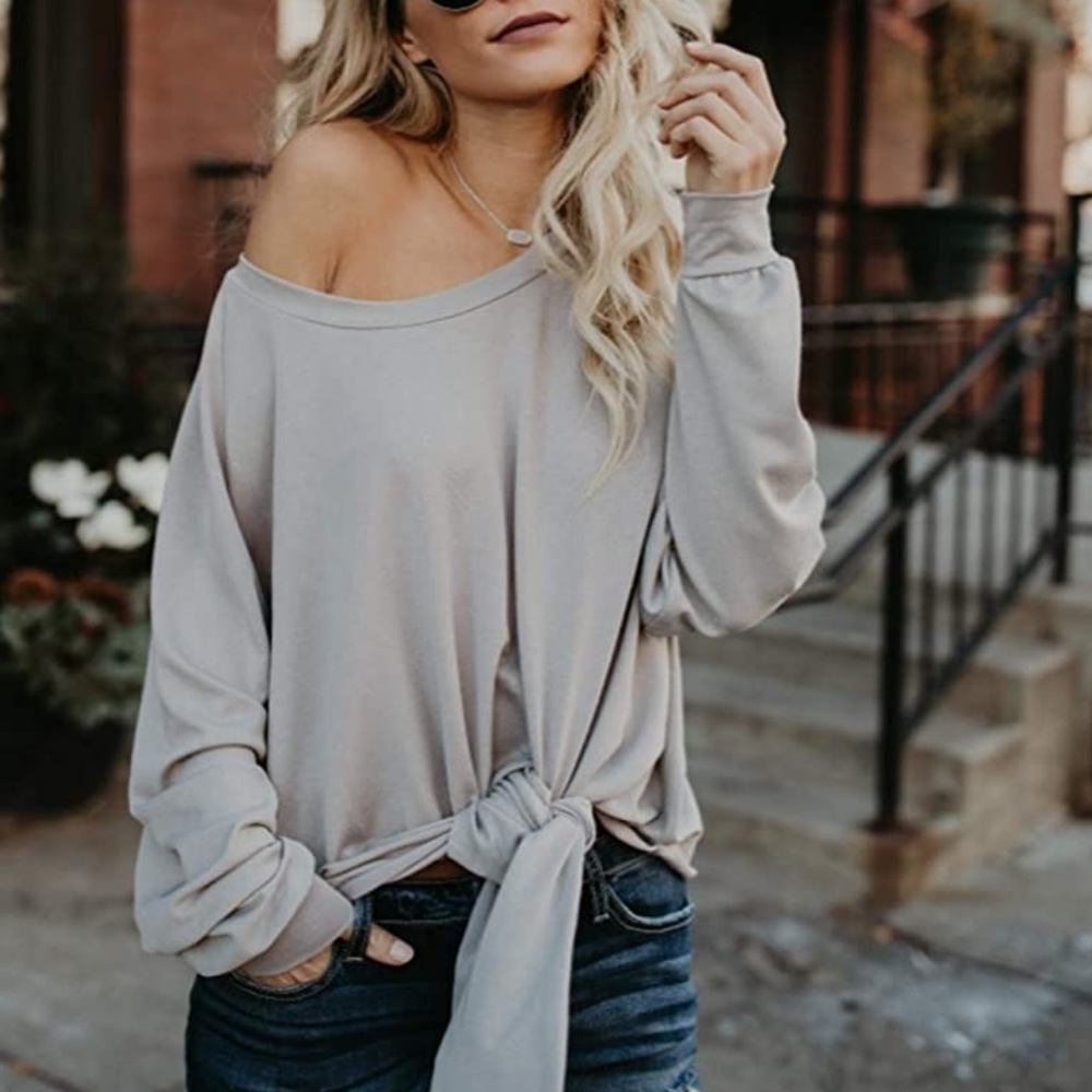 Gray Off Shoulder Long Sleeve Oversized Tie Knot - Picture 2 of 7